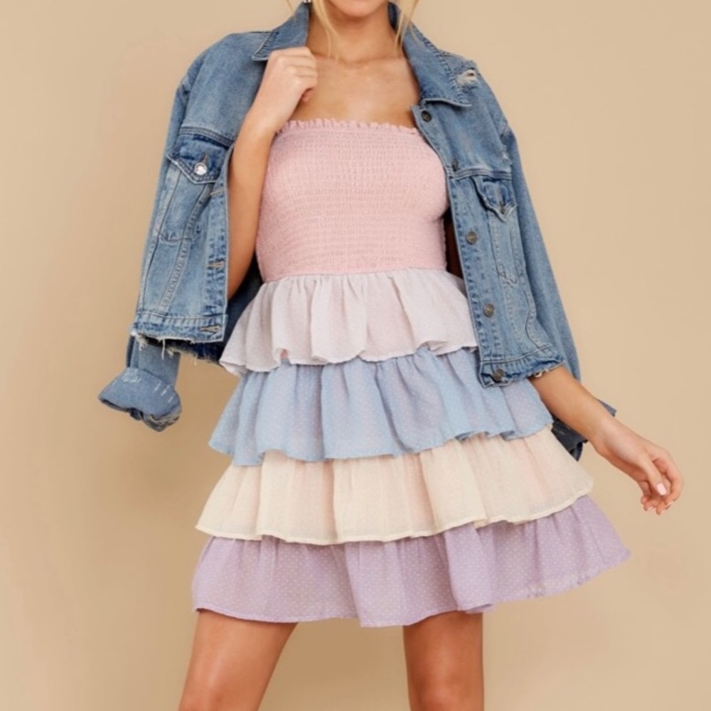Storia Women S Colorful Pastel Polka Dot Tulle Tiered Smocked Mini Dress NWT